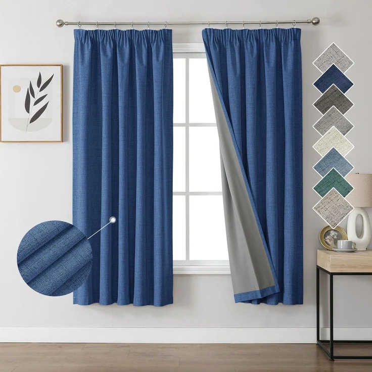 Joydeco 100% Verdunkelungsvorhänge Leinen Gardinen mit Kräuselband 2er Set H183xB117cm Marineblau, Thermovorhang Kälteschutz Blickdicht Schallschutz Ideal für Wohnzimmer passt zu Schienensystemen