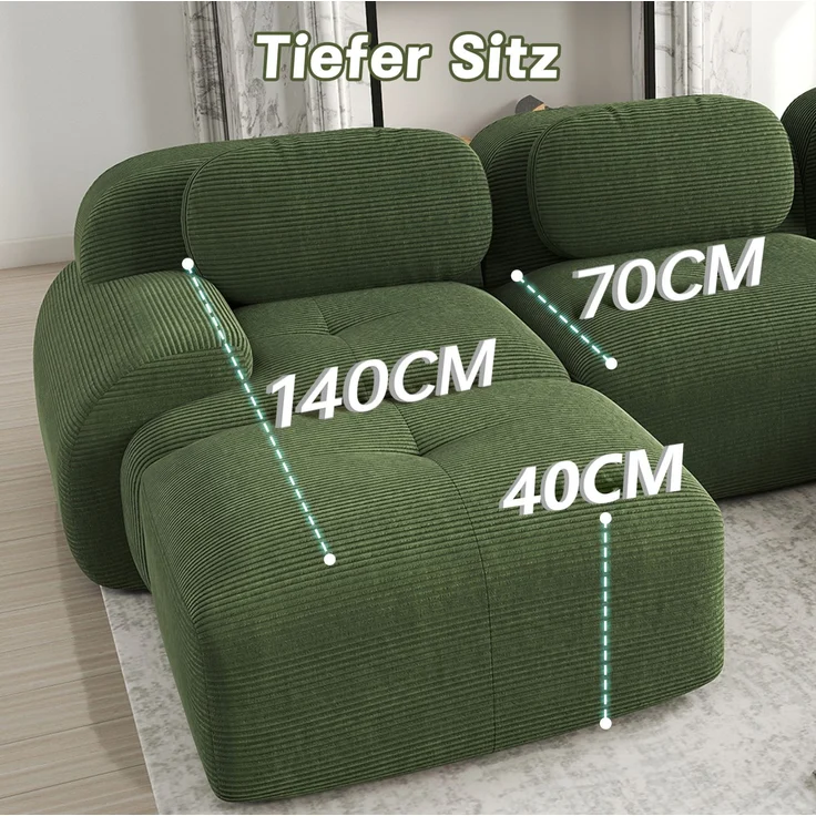 DESVIAE Sofa rahmenlos und montagefrei aus Cordstoff Grün, 298 x 178 x 70 cm – Bild 4