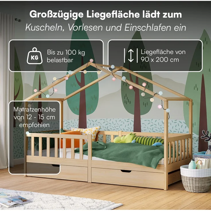 Bellabino 'Bia' Hausbett 90x200 cm mit 2 Schubladen, natur, Kiefer Massivholz, Montessori Kinderbett mit Stauraum, inkl. Rausfallschutz und Lattenrost – Bild 5