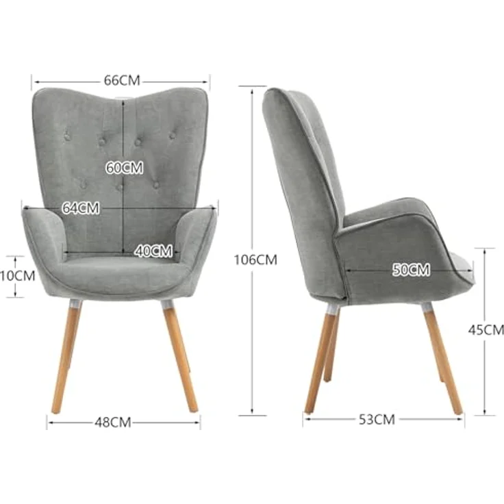 MEUBLE COSY Sessel Wohnzimmer Relaxsessel Lesesessel Lehnstühle Polstersessel Einzelsofa mit Holzbein Ohrensessel für Schlafzimmer Büro Vanity, Stoff, Grau – Bild 4