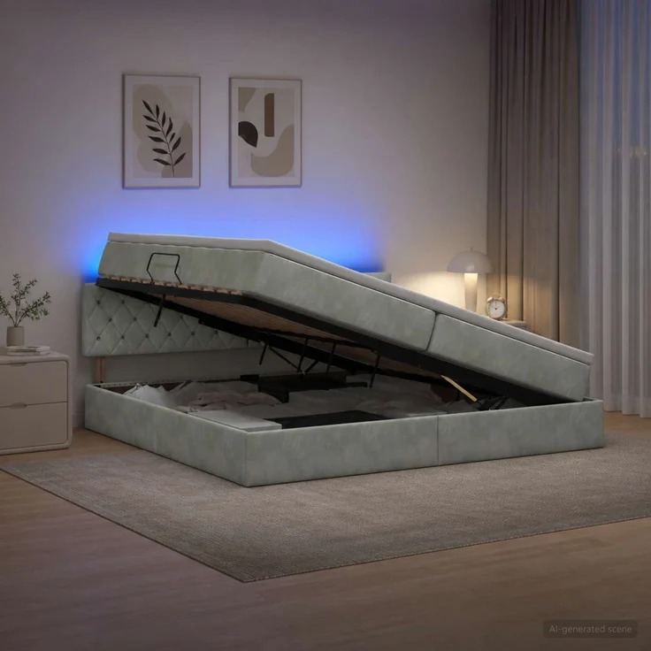 vidaXL LED-Speicherbett mit Matratze Hellgrau 200 x 200 cm Samt 3459210 – Bild 4