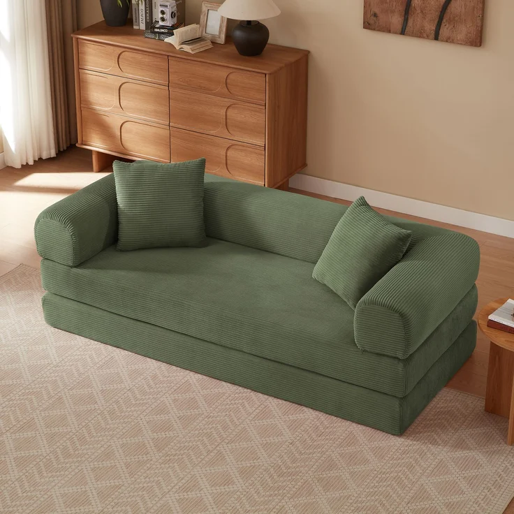 Schlafsofa Grün mit Veloursbezug, Kaltschaum und modularer Sitzfläche für flexibles Sitzen und Liegen,59 x 195 x 89 cm – Bild 3