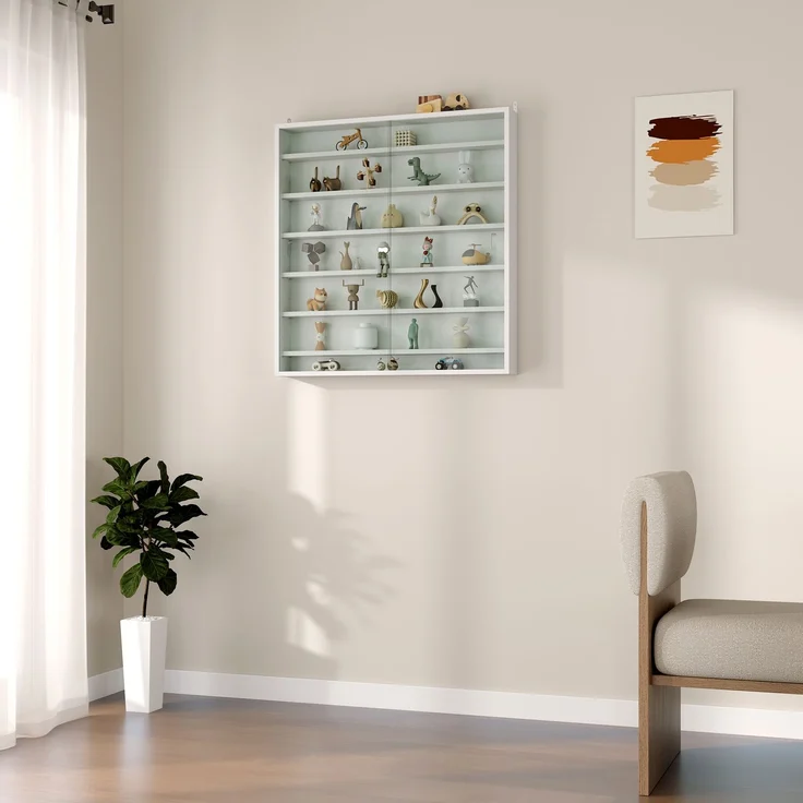 Wandvitrine für Sammlerstücke, 6 höhenverstellbare Böden, 2 Glasschiebetüren, 80 x 9,5 x 83 cm – Bild 10
