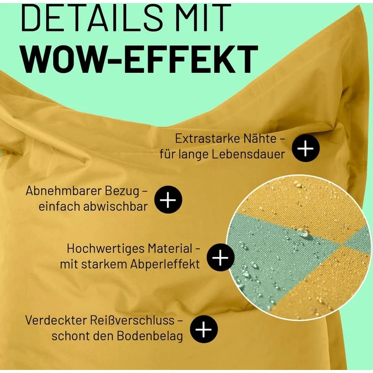 Lumaland 'Karo' Sitzsack XXL für Outdoor & Indoor, Polyester, Gelb/Pastellgelb, 380 l – Bild 8