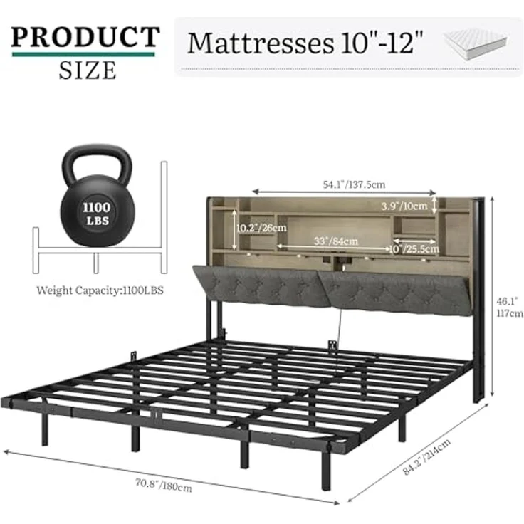 YITAHOME Bettgestell LED mit Kopfteil LED-Doppelbett 180x200CM mit schwebendem Design, Metallrahmen, Stoffbezug in Grau, inkl. USB-Ladestation und Beleuchtung, ohne Matratze – Bild 2