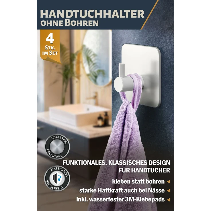 Lindenstein Handtuchhaken 4er-Set Weiß – Edelstahl V2A, selbstklebend mit 3M-Pads – Bild 2