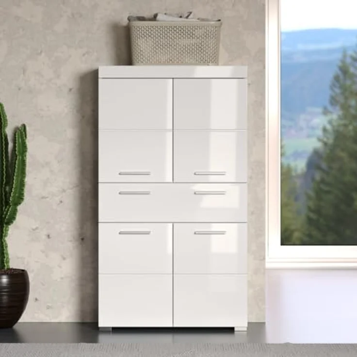 Trendteam 'Amanda' Midischrank, Holz, 132 x 31 x 73 cm, Weiß / Weiß Hochglanz – Bild 3