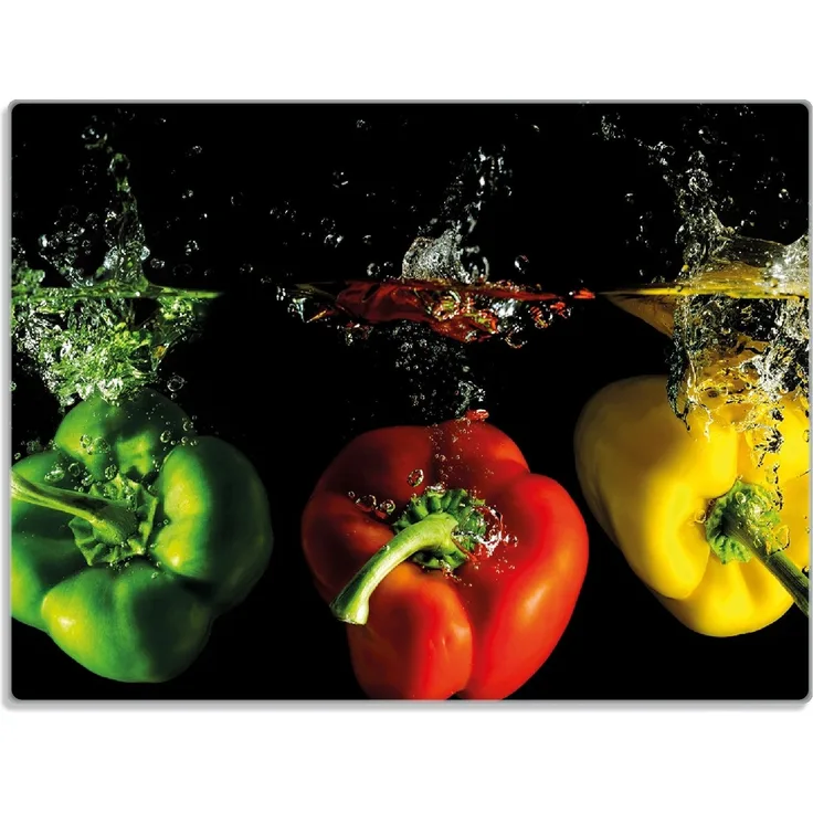 Wallario Schneidebrett Bunte Küche Paprika in rot gelb orange und grün im Wasser, ESG-Sicherheitsglas, (inkl. rutschfester Gummifüße 4mm, 1-St), 30x40 cm