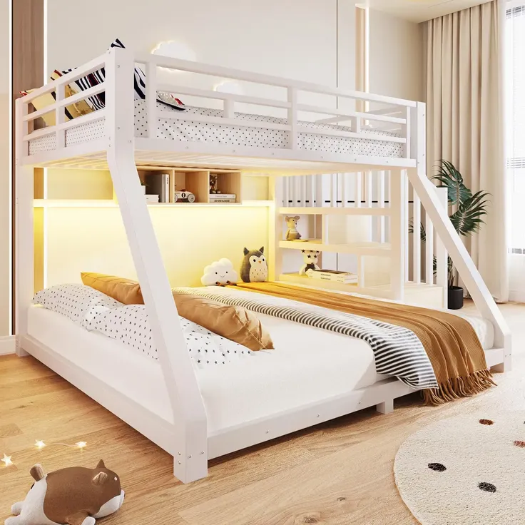 Etagenbett mit 2 Schlafgelegenheiten, Lattenrosten, Regal, Rausfallschutz und LED-Streifen, Treppe mit Regal, 90/140x200 cm, Kinderbett, Metallbett – Bild 3