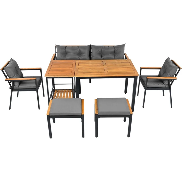 LVHOM 7-tlg. Gartenmöbel-Set, Lounge-Set für 6–7 Personen, wetterfeste Sitzgruppe inkl. Esstisch und abnehmbarem Servierwagen für Terrasse, Natur/Grau – Bild 2