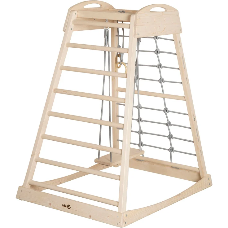 roba Montessori Indoor Spielturm inkl. 2in1 Rutsch- & Kletterbrett, Kletternetz- & Sprossenseite, Schaukel & Turnringen - Geeignet ab 24 Monaten - Belastbar bis 70 kg - Holz natur – Bild 5