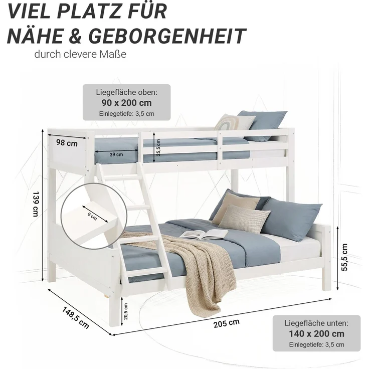 Homestyle4u Kinderbett Etagenbett 90x200 und 140x200 Jugendbett Hochbett Weiß, lackiert, massives Kiefernholz – Bild 3