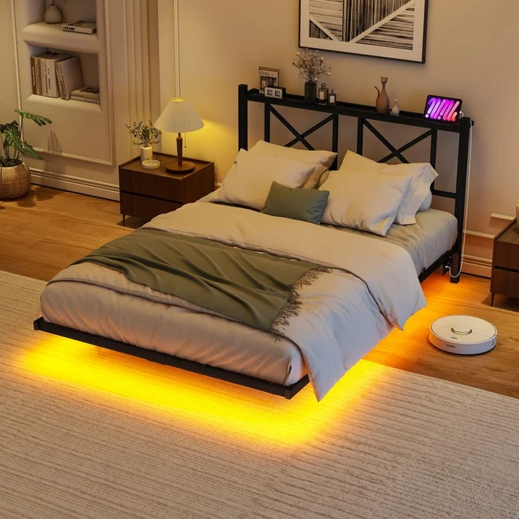 Homerecommend Schwebebett 120x200 cm, Bettrahmen mit LED-Beleuchtung, Steckdose und 2 USB-Anschlüssen, Vintage Schwarz – Bild 4