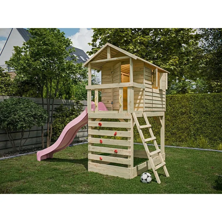 Belladoor Stelzenhaus Luis, Spielturm mit Rutsche und Sandkasten, Holz, Braun/Grün, für Kinder ab 3 Jahren