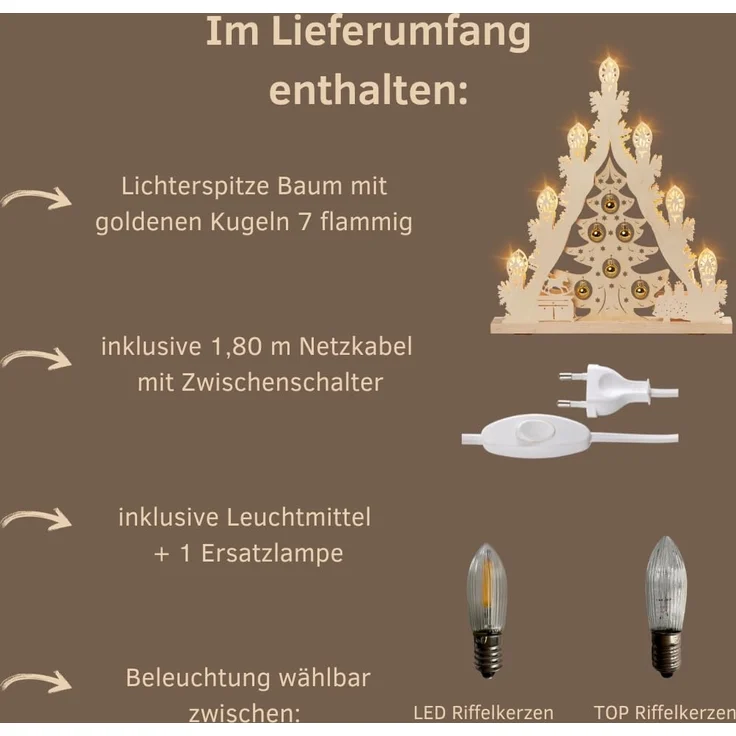 Weigla LED Lichterbogen Weihnachtsbaum mit Kugeln, Made in Germany (1-tlg), Lichterspitze, 7-flammig – Bild 3