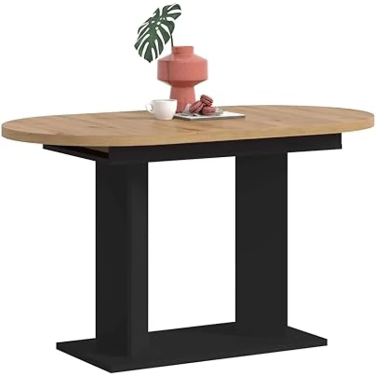 xonox. home – Esstisch Gustav 130-170x76x70 cm in Artisan Eiche Nachbildung und Schwarz – Ausziehbarer Tisch mit Doppelsäule – variabel anpassbar, ummantelte Kanten & einfache Montage mit Anleitung