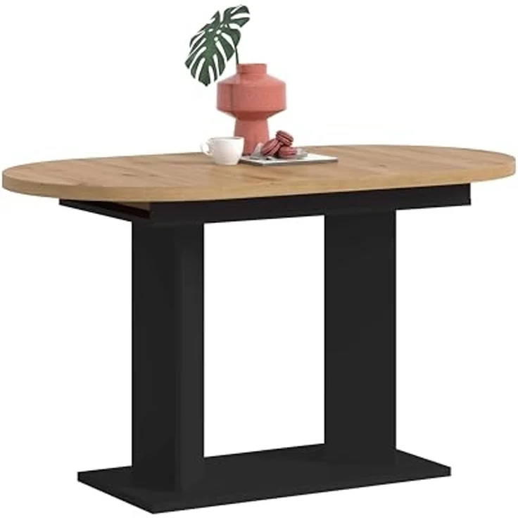 xonox. home – Esstisch Gustav 130-170x76x70 cm in Artisan Eiche Nachbildung und Schwarz – Ausziehbarer Tisch mit Doppelsäule – variabel anpassbar, ummantelte Kanten & einfache Montage mit Anleitung – Bild 1