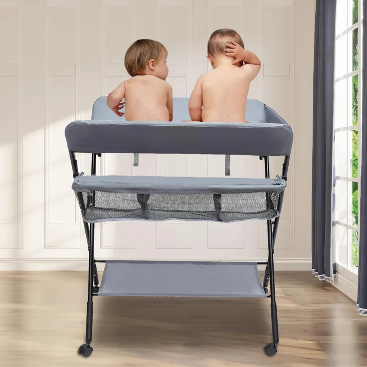 QIERF Klappbarer Wickeltisch Baby Wickelkommode Mobiler Wickelregal Höhenverstellbar, 25kg Tragfähigkeit für 0-12 Monate, Wechseln von Windeln, Wechselkleidung, Lagerung, Grau – Bild 7