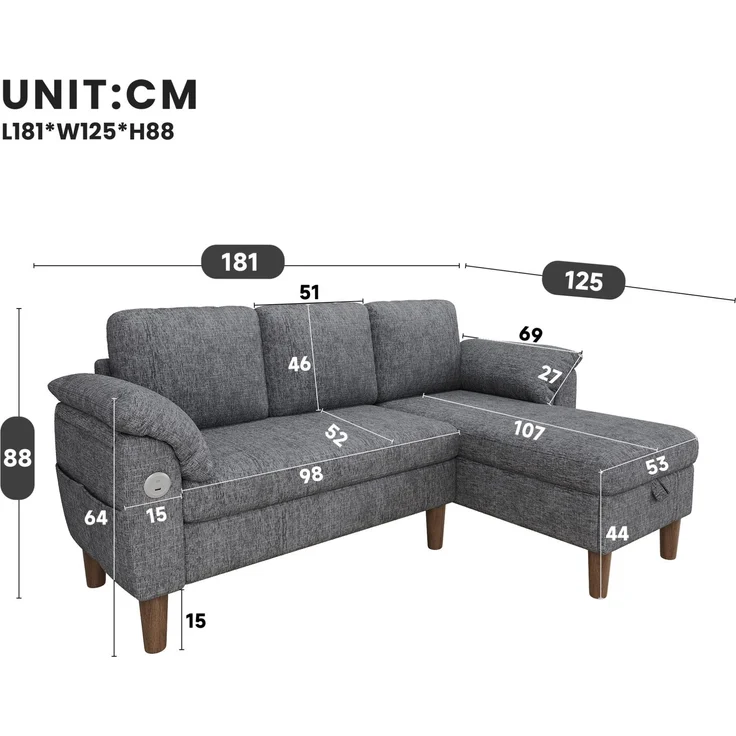 DESVIAE Sofa Ecksofa Hellgrau aus Chenille – 181x88x125 cm – Stauraum, USB-/Type-C-Anschluss – Bild 9