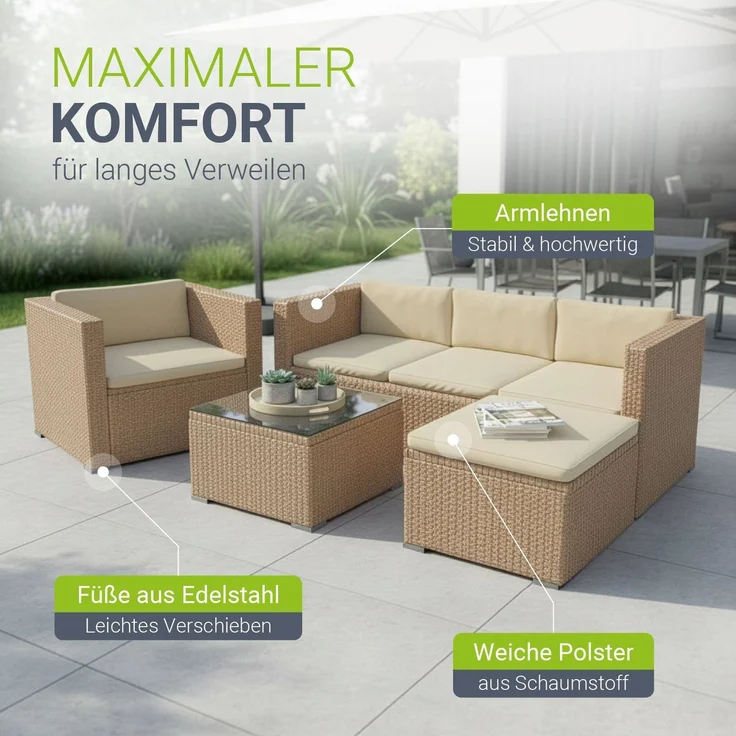 Juskys Polyrattan Lounge Punta Cana L creme – Gartenlounge für 4-5 Personen – Sitzgruppe mit Sessel, Sofa, Tisch & Hocker - Sitzbezüge Sand – Bild 5