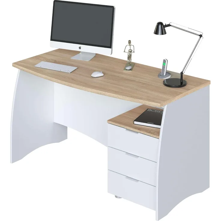 Schreibtisch mit Kommode mit drei Schubladen, Farbe Weiß und Eiche, 136 x 74 x 67 cm.
