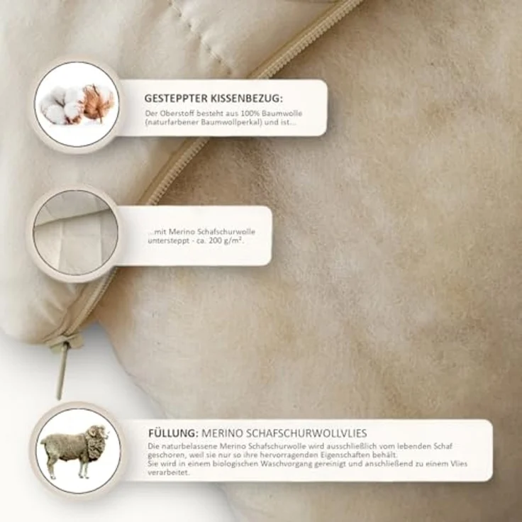 Meivita Naturhaarkissen Merino Schafschurwolle Kopfkissen, Füllung: 100% Wolle (Schurwollvlies), Bezug: 100% Baumwolle untersteppt mit 100% Wolle (Merino Schafschurwollvlies), Seitenschläfer, Rückenschläfer, Kissen Hergestellt in Deutschland – Bild 7