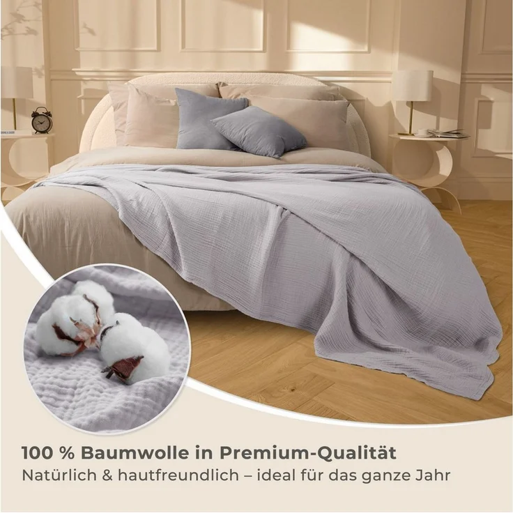 LAYNENBURG Premium Musselin Tagesdecke 150x200-100% Baumwolle - extraweiche Baumwolldecke als Kuscheldecke, Bett-Überwurf, Sofa-Überwurf, Couch-Überwurf - warme Sofa-Decke (hellgrau) – Bild 4