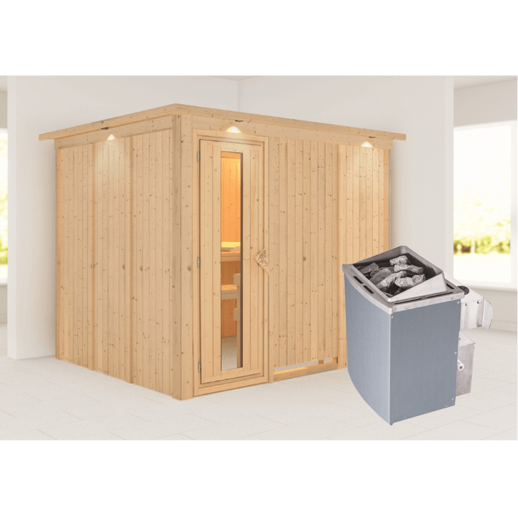 Karibu Sauna Gobin mit Dachkranz + 9kW Saunaofen mit integrierter Steuerung Bronzierte Ganzglastür – Bild 2