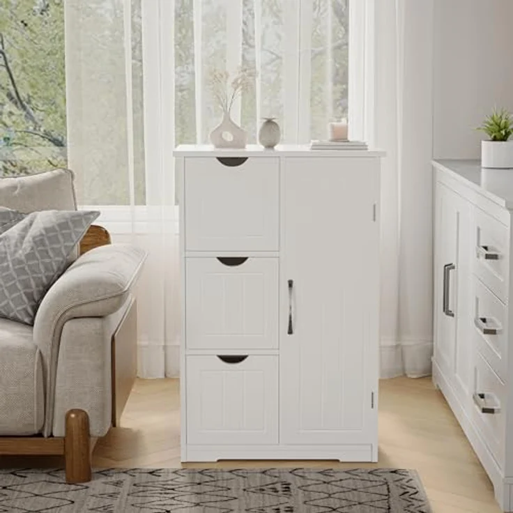 Sweetcrispy Badezimmerschrank 22 Inches Hoch Modern, mit 3 Schubladen & 1 Tür, Hochglanz Weiß mit Einboden & Großem Stauraum, Schmale Badkommode, Badezimmer Kommode – Bild 10