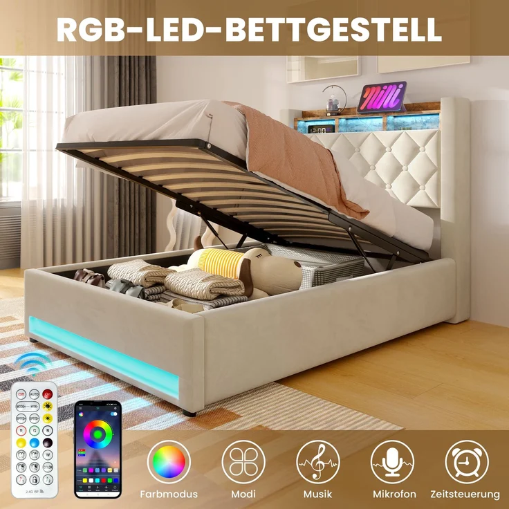 Polsterbett aus Samt mit hochelastischer Polsterung & Lattenrost, ohne Matratze, 90x200 cm, Beige – Bild 4
