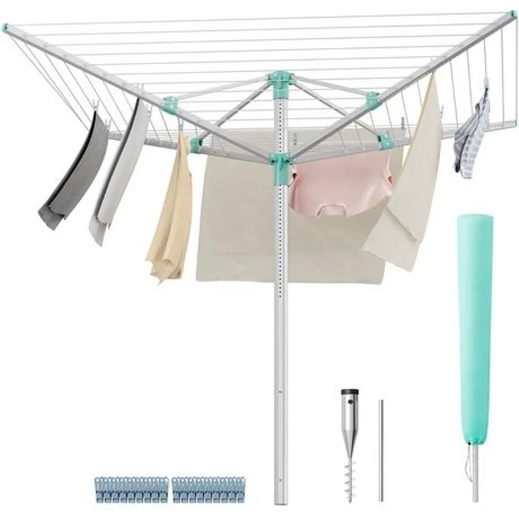 SONGMICS Wäschespinne, höhenverstellbarer, 50 m Wäscheleine, für 5 Waschladungen, draußen, silbern-grün – Bild 2