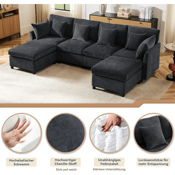 Big-Sofa mit Rückenkissen, Zierkissen und loser Kissen, 6-Sitzer Sofa, L-Form, U‑Form, Chenille Bezug – Bild 3
