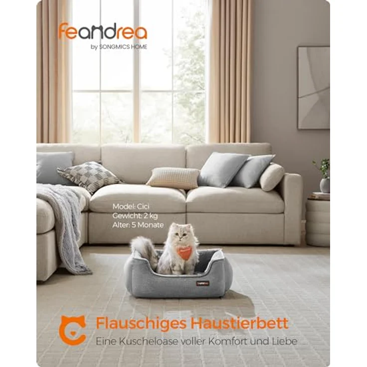 Feandrea Katzenbett, Hundebett, Hundekissen in Leinenoptik, erhöhte Ränder, rutschfeste Unterseite, Bezug abnehmbar waschbar, S, für Minihund, 60 x 50 x 21 cm, hellgrau PGW009G02 – Bild 4