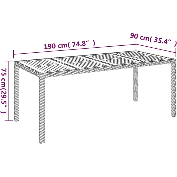 Gartentisch, Balkontisch mit Holzplatte Grau 190 x 90 x 75 cm Poly Rattan – Bild 7
