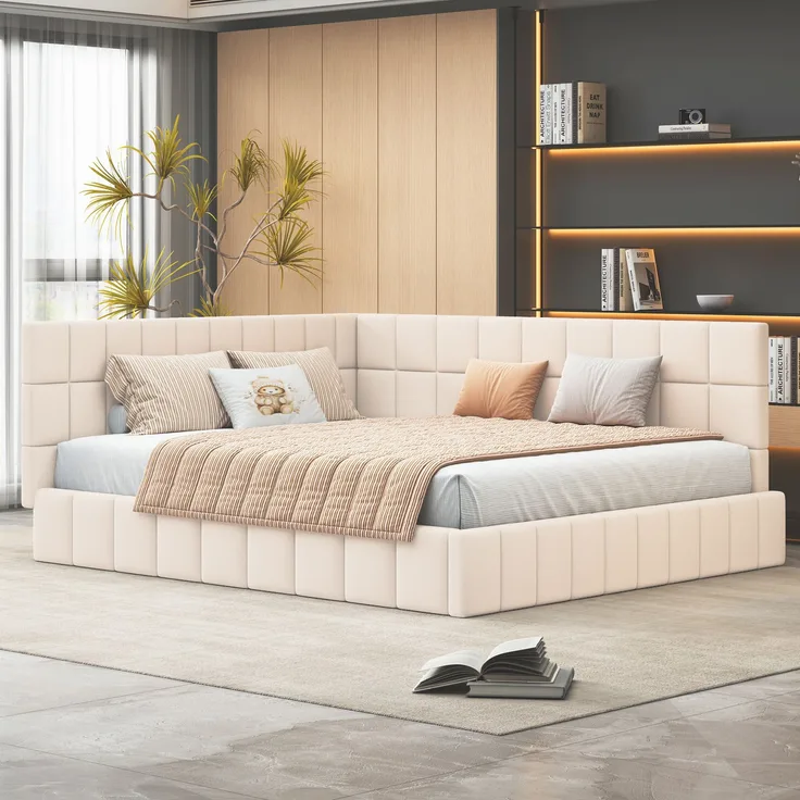 Elegantes Tagesbett 160x200 cm, gepolstert mit Samt, umwandelbar als Sofa, stabiler Rahmen,Beige