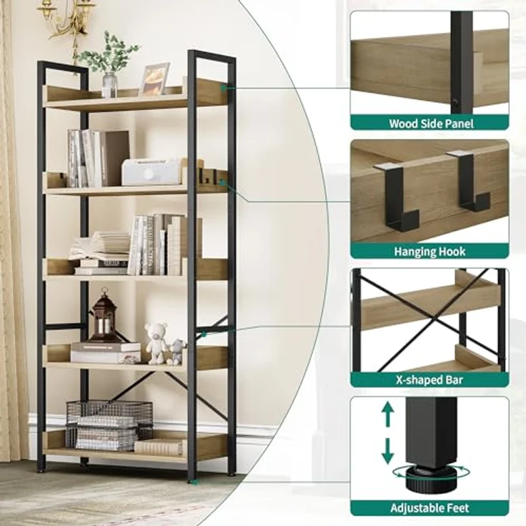 YITAHOME Bücherregal 5 Etagen, Bodenstehendes Bücherregal, Holzregal und stabiles Stahlrahmenregal mit 4 Haken Industrielles Lagerregal für Wohnzimmer, Heimbüro, Eiche Farbe – Bild 5