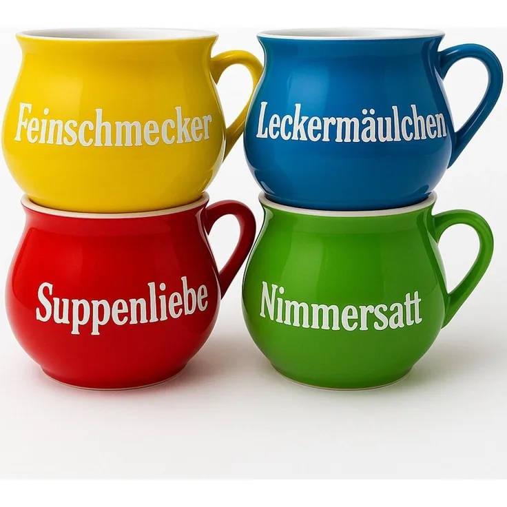 BURI Suppentassen 4er-Set aus Keramik | Bunte Henkel-Schüsseln mit Sprüchen | 400 ml | Spülmaschinenfest & mikrowellengeeignet | Mediterraner Stil