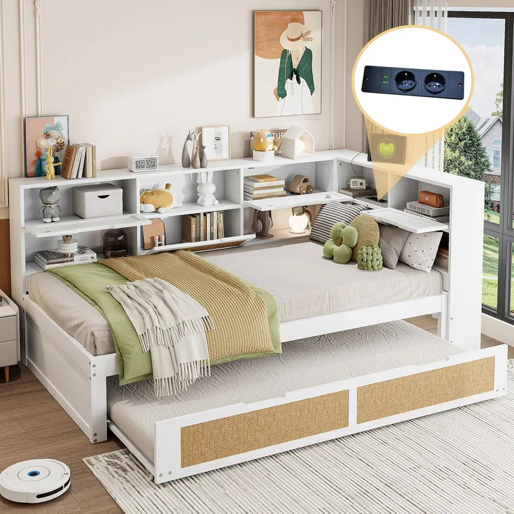 Multifunktionales Massivholz-Schlafsofa mit Ausziehbett 90x200 cm, Stauraum & USB-Anschlüssen, Gäste- & Tagesbett, Weiß