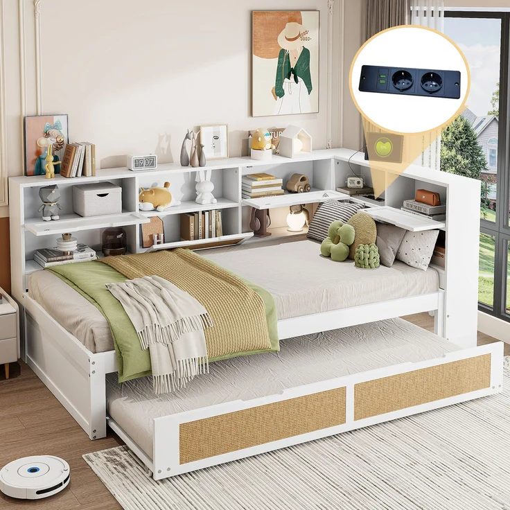 Multifunktionales Massivholz-Schlafsofa mit Ausziehbett 90x200 cm, Stauraum & USB-Anschlüssen, Gäste- & Tagesbett, Weiß – Bild 1