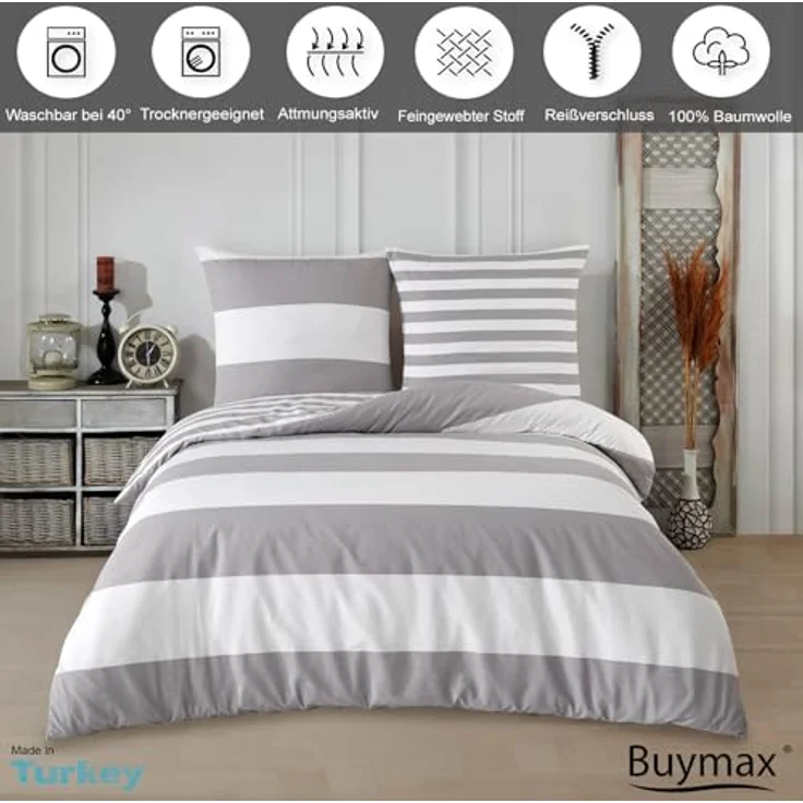 Buymax Bettwäsche Aspara Bettbezug Set 100% Baumwolle, Renforcé, 2 teilig, mit Reißverschluss, modern gestreift, Grau Weiß, 135x200 cm – Bild 3