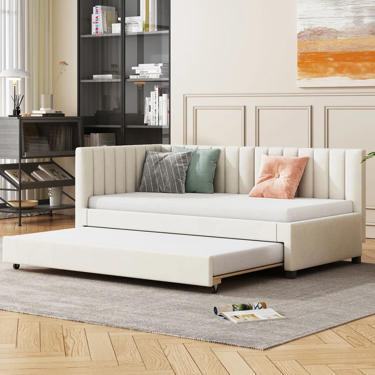 Polsterbett, 90 x 200, Ausziehbares Schlafsofa, Multifunktionsbett mit Lattenrost, Jugendbetten Kinderbetten Gästebetten, Samtstoff, Beige, 90 x 200 cm – Bild 5