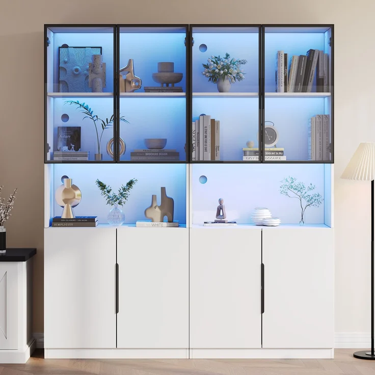 Moderne minimalistische Vitrine mit Glastüren, Vitrine mit LED-Leuchten, Bücherregal für Sammlerstücke, einstellbare Farbtemperatur und Helligkeit, weiße 30*160*200cm--Weiß--94.49x50.8x19.51cm--YOUDENOVA – Bild 2