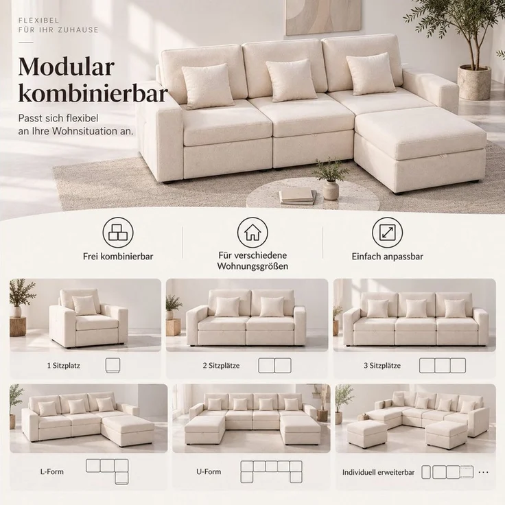 HOMAVO Ecksofa Schlafsofa, Couch L-Form, keine Montage erforderlich, inkl. Zierkissen, FSC® modulares Sofa, optionale Schlaffunktion & flexible Ottomane, Größe modular anpassbar, Stauraum je Sitz & edles Chenille für Komfort – Bild 3