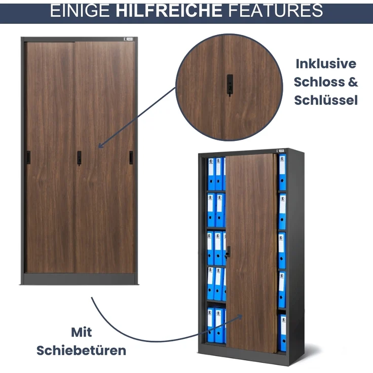Aktenschrank abschließbar ROLF - Schiebetüren, 5 Ebenen | Büroschrank aus Stahl Metallschrank Werkstatt Mehrzweckschrank Werkzeugschrank, 185x90x40cm Anthrazit-Nussbaum – Bild 5