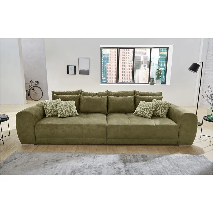 Big Sofa MOLDAU XXL Couch Microfaser olivgrün mit Kissen