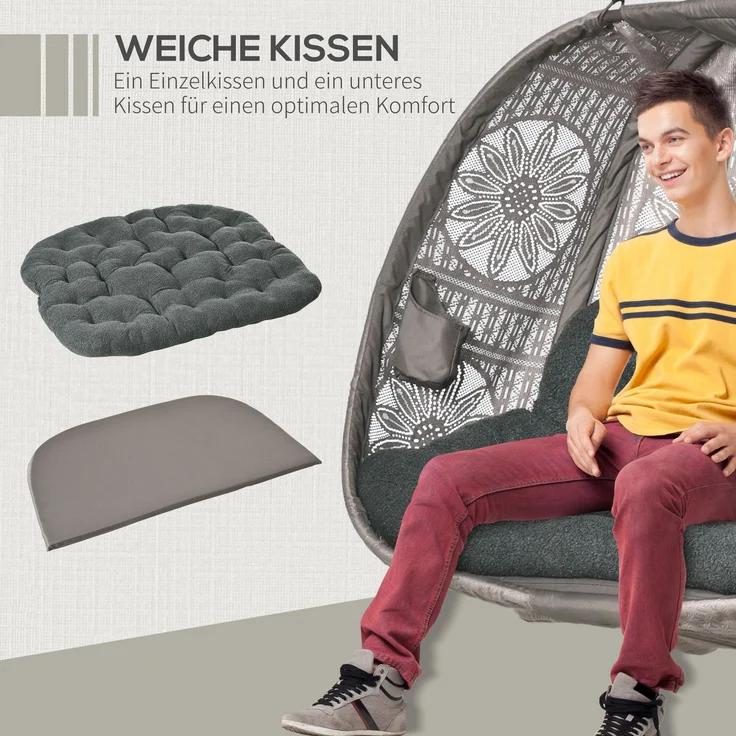 Hängesessel Hängekorb für 2 Personen mit Gestell, faltbare Hängeschaukel & Hängestuhl mit Kissen, Blumen-Strickstoff, Stahl--Sand--132x126x172cm--YOUDENOVA – Bild 5