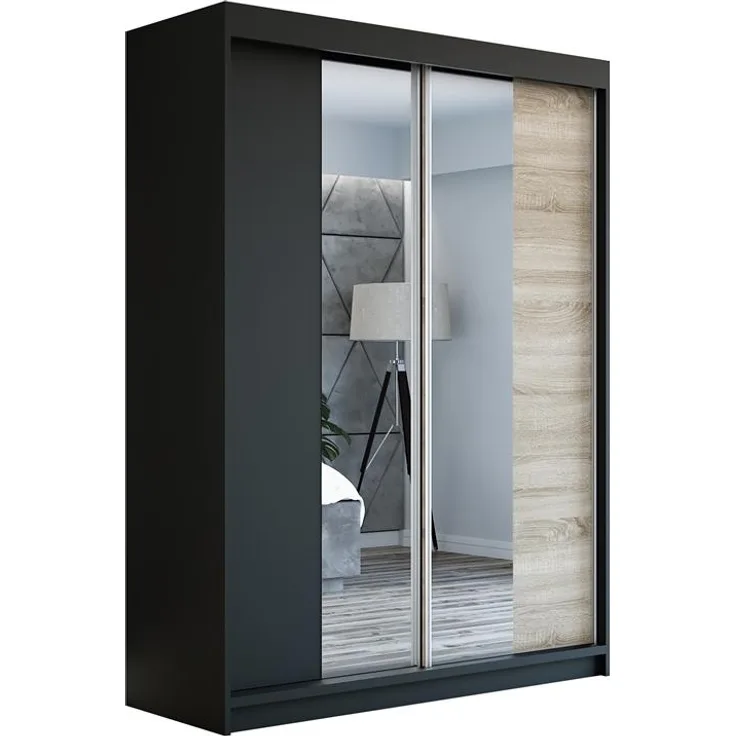 Schwebetürenschrank NEO 2-türig Schrank 160 cm (mit Spiegel) Farbe: Schwarz , sonoma