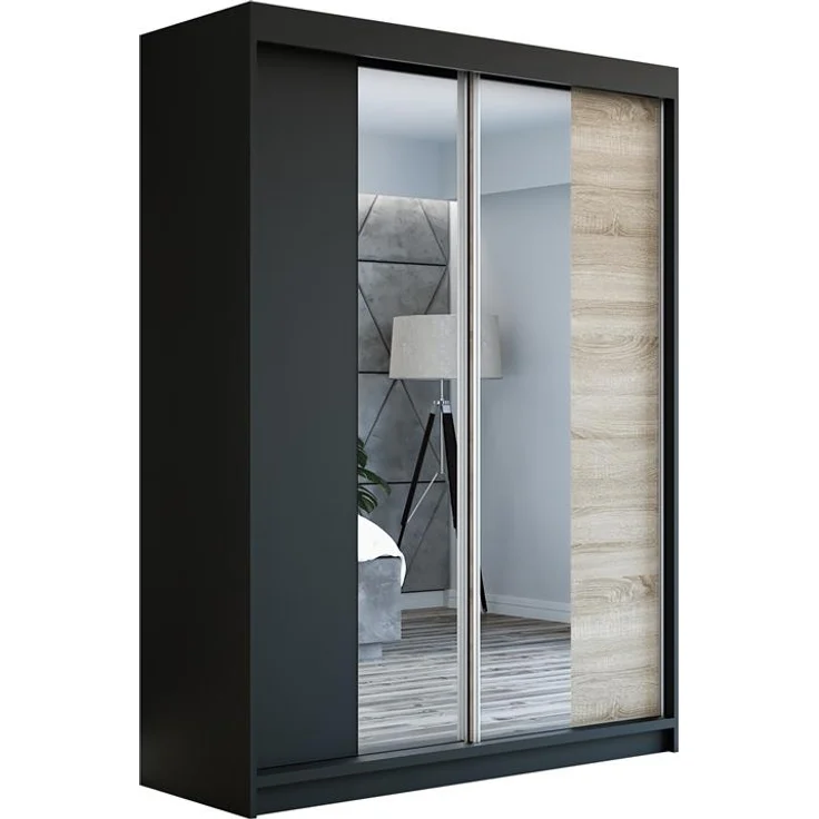 Schwebetürenschrank NEO 2-türig Schrank 160 cm (mit Spiegel) Farbe: Schwarz , sonoma – Bild 1
