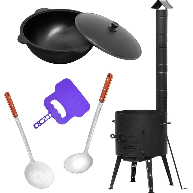 Ø44 Uchag 2mm Stahl Utschak mit Abzugsrohr 16L Kazan Eben Grillfächer Schaumkelle Suppenkelle Utschak Utschag Kasan Feldküche Außenküche Eintopfofen Gulaschkanone – Bild 1