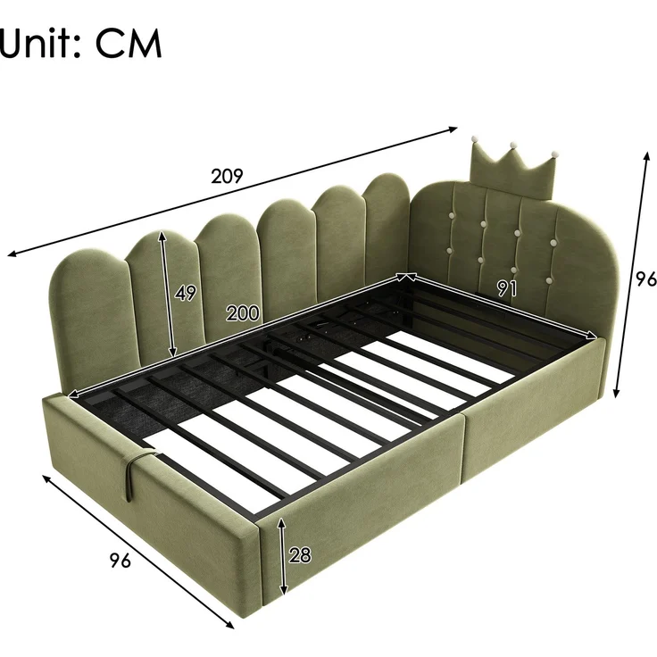 Merax Einzelbett, 90x200 cm Polsterbett, Daybett, Tagesbett-Schlafsofa mit Stauraum (hydraulisch), Gästebett L-Form Samt, Grün – Bild 4